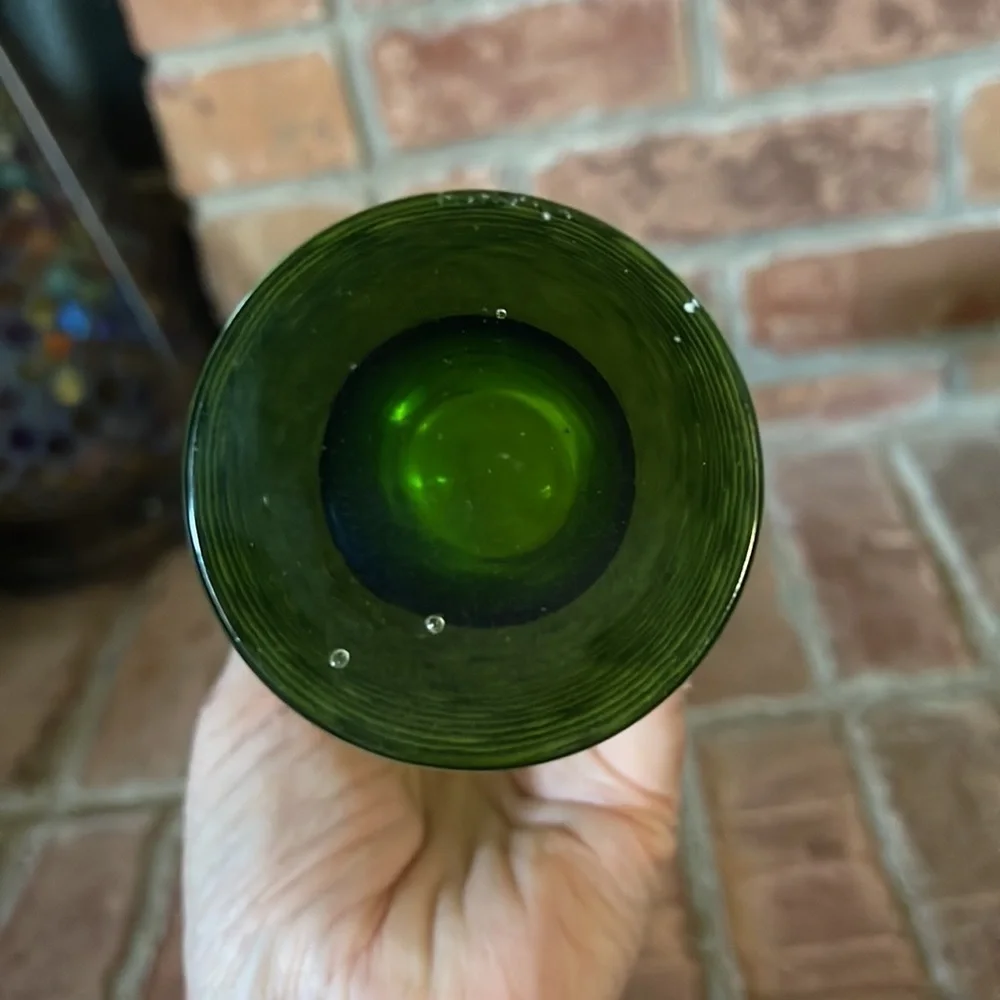 Art Glass Green Ribbed Tall Skinny Vase